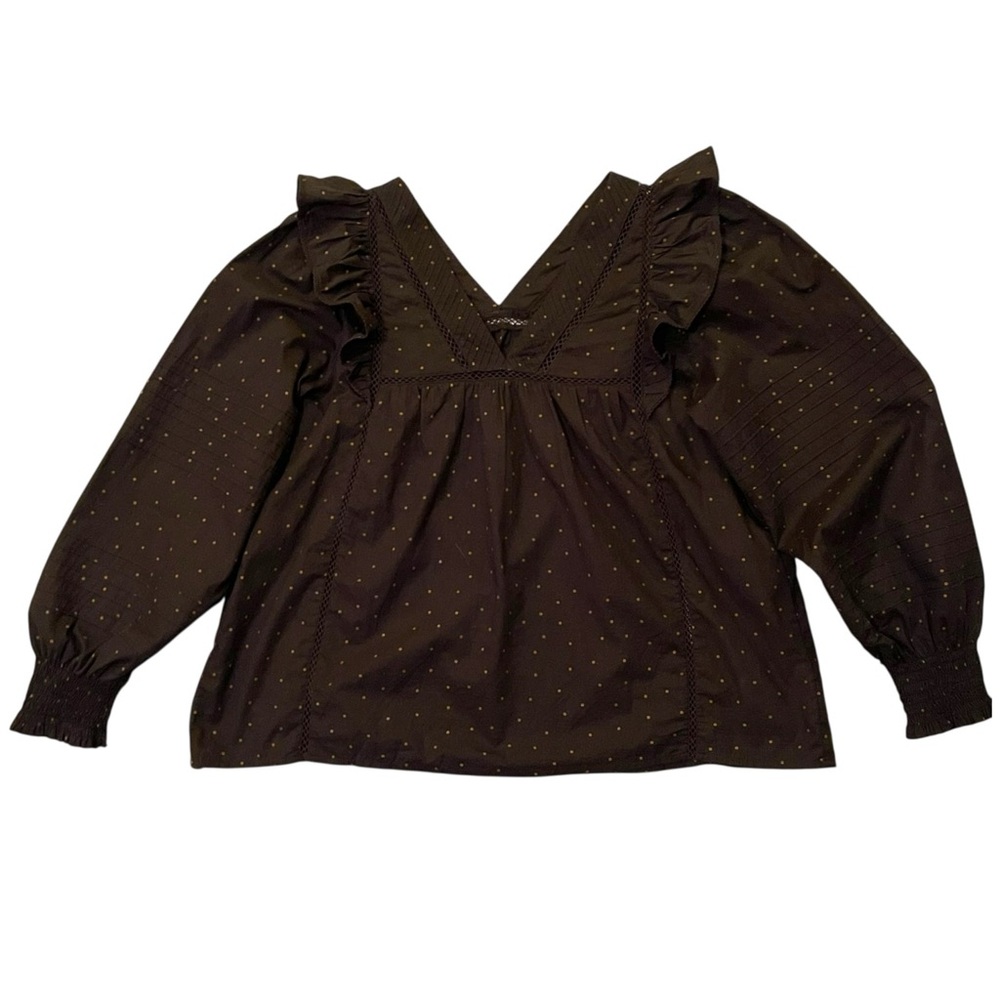 Madewell Voile Ruffled Pintuck L/S Cotton Top Black Polka Dot Print Size M NWOT - Picture 3 of 12